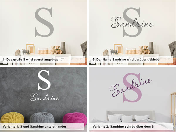 Verschiedene Anordnungen des Wandtattoos Sandrine