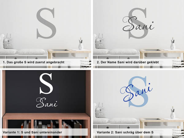 Verschiedene Anordnungen des Wandtattoos Sani