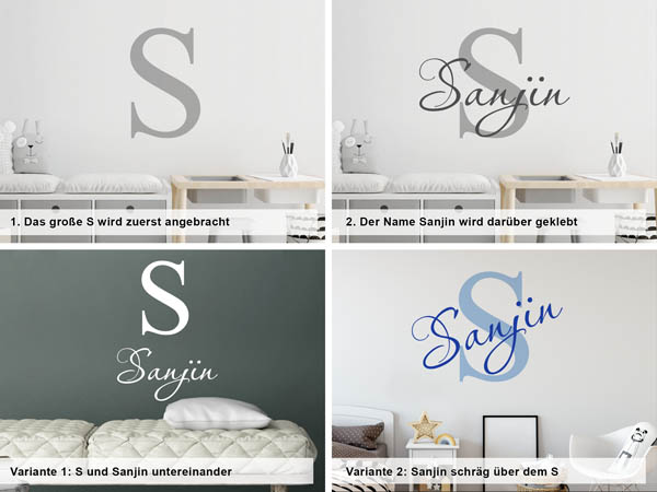 Verschiedene Anordnungen des Wandtattoos Sanjin