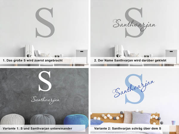 Verschiedene Anordnungen des Wandtattoos Santhvarjan
