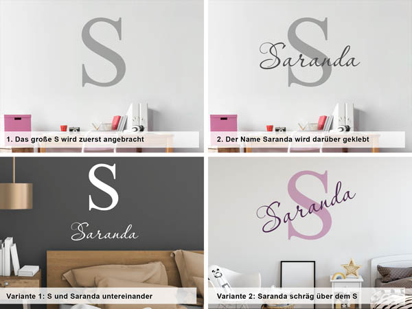 Verschiedene Anordnungen des Wandtattoos Saranda