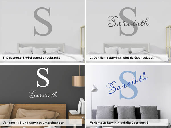 Verschiedene Anordnungen des Wandtattoos Sarvinth