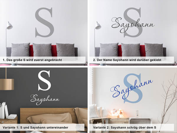 Verschiedene Anordnungen des Wandtattoos Sayohann