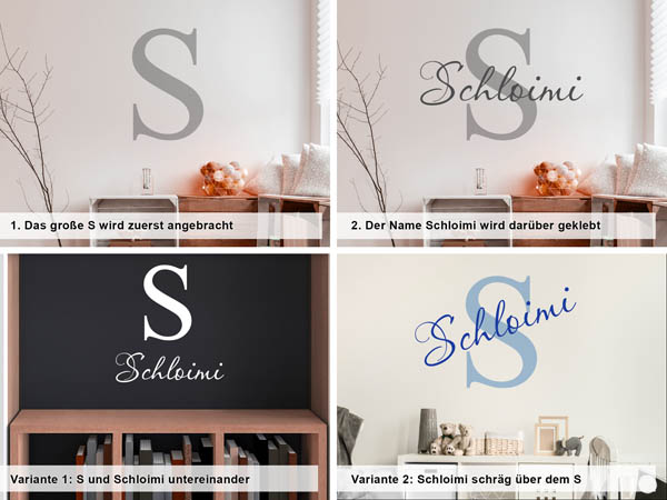 Verschiedene Anordnungen des Wandtattoos Schloimi