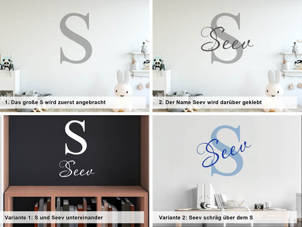 Verschiedene Anordnungen des Wandtattoos Seev