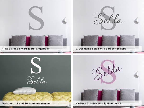 Verschiedene Anordnungen des Wandtattoos Selda