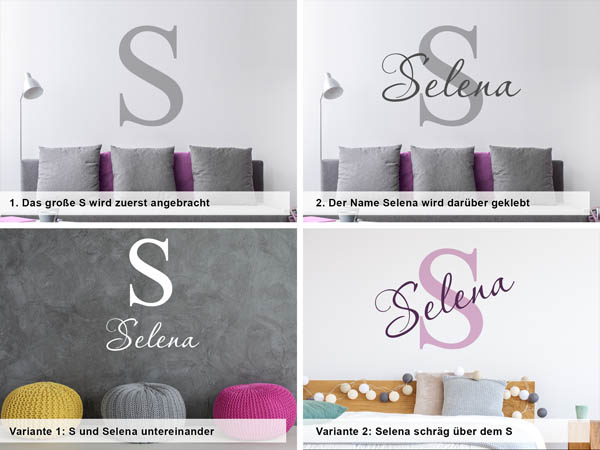 Verschiedene Anordnungen des Wandtattoos Selena