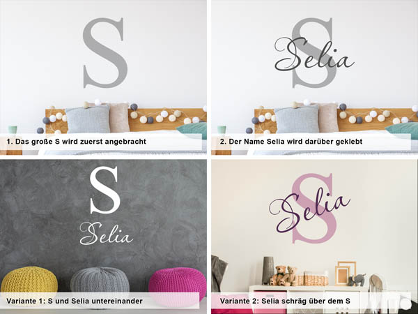 Verschiedene Anordnungen des Wandtattoos Selia