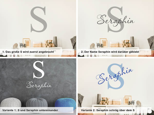 Verschiedene Anordnungen des Wandtattoos Seraphin