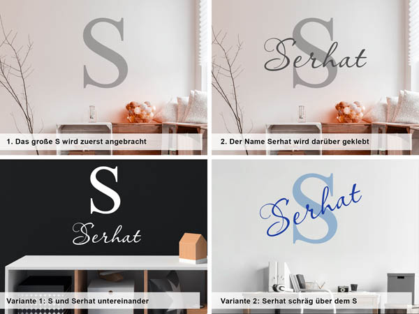 Verschiedene Anordnungen des Wandtattoos Serhat