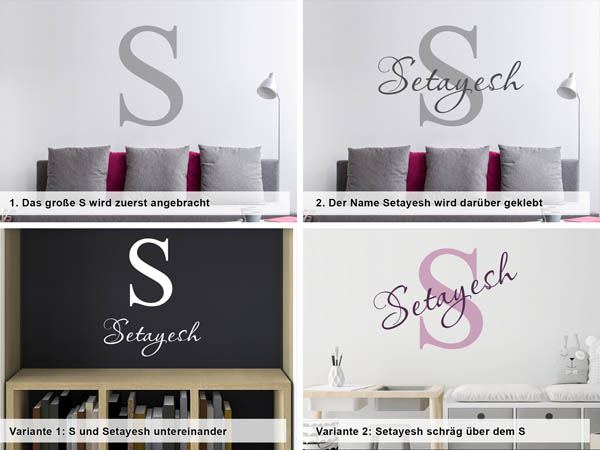 Verschiedene Anordnungen des Wandtattoos Setayesh