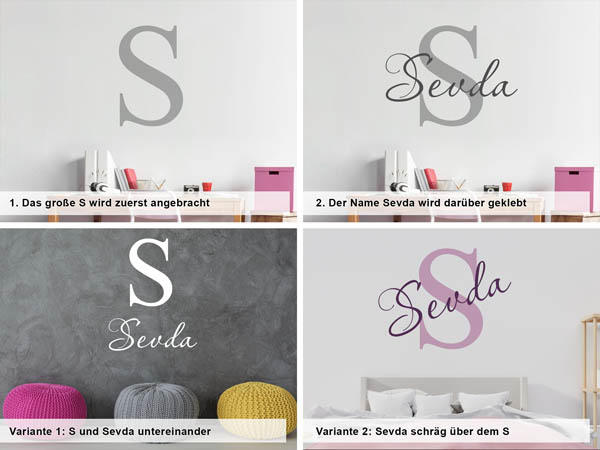 Verschiedene Anordnungen des Wandtattoos Sevda