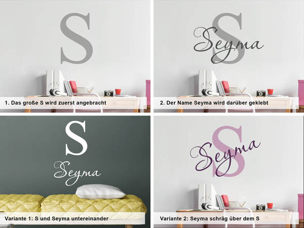 Verschiedene Anordnungen des Wandtattoos Seyma