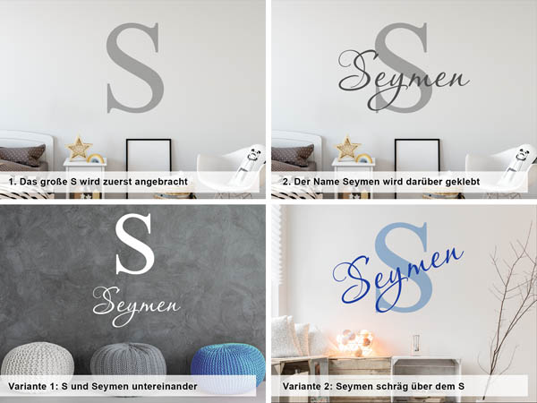 Verschiedene Anordnungen des Wandtattoos Seymen