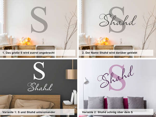 Verschiedene Anordnungen des Wandtattoos Shahd
