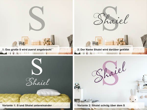 Verschiedene Anordnungen des Wandtattoos Shaiel