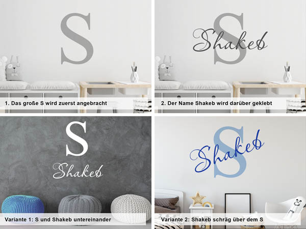 Verschiedene Anordnungen des Wandtattoos Shakeb