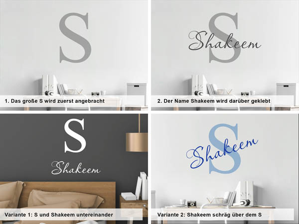 Verschiedene Anordnungen des Wandtattoos Shakeem