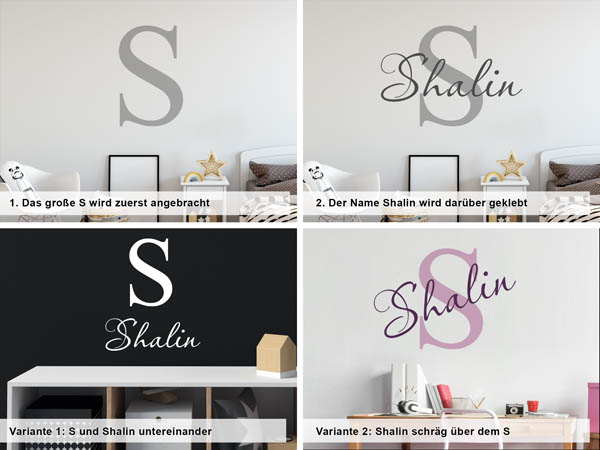 Verschiedene Anordnungen des Wandtattoos Shalin