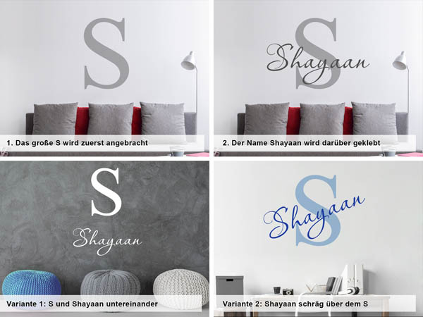 Verschiedene Anordnungen des Wandtattoos Shayaan