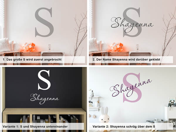 Verschiedene Anordnungen des Wandtattoos Shayenna