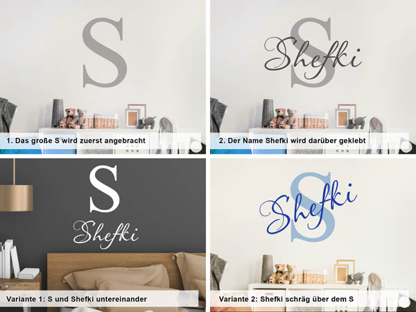 Verschiedene Anordnungen des Wandtattoos Shefki