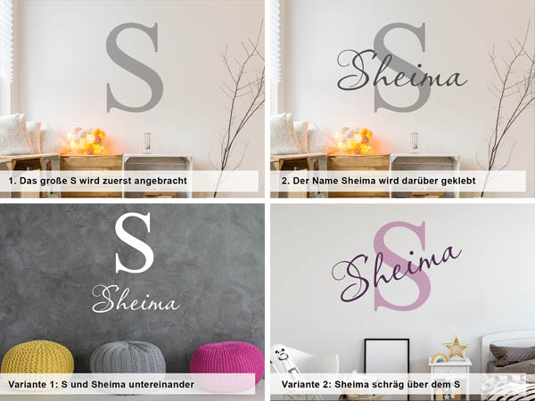 Verschiedene Anordnungen des Wandtattoos Sheima