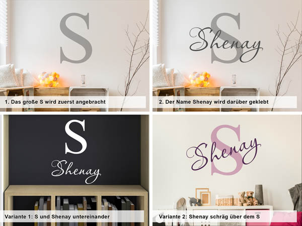 Verschiedene Anordnungen des Wandtattoos Shenay