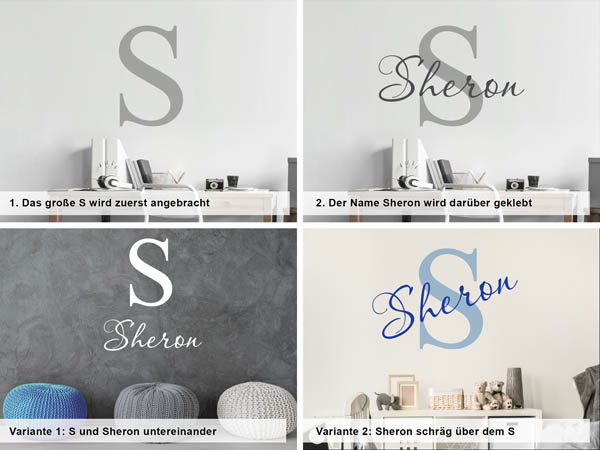 Verschiedene Anordnungen des Wandtattoos Sheron