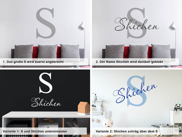 Verschiedene Anordnungen des Wandtattoos Shichen