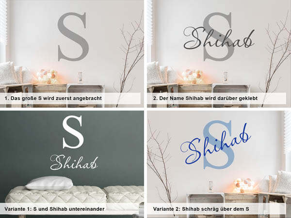 Verschiedene Anordnungen des Wandtattoos Shihab