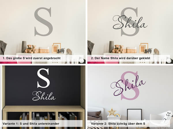 Verschiedene Anordnungen des Wandtattoos Shila