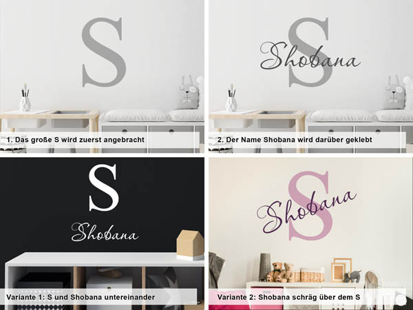 Verschiedene Anordnungen des Wandtattoos Shobana