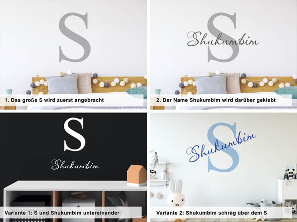Verschiedene Anordnungen des Wandtattoos Shukumbim