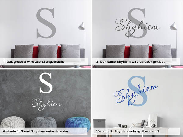 Verschiedene Anordnungen des Wandtattoos Shyhiem
