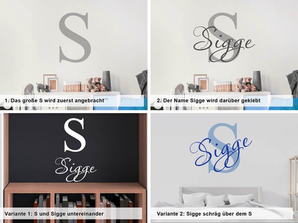 Verschiedene Anordnungen des Wandtattoos Sigge