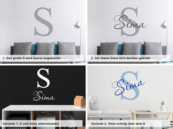 Verschiedene Anordnungen des Wandtattoos Sima