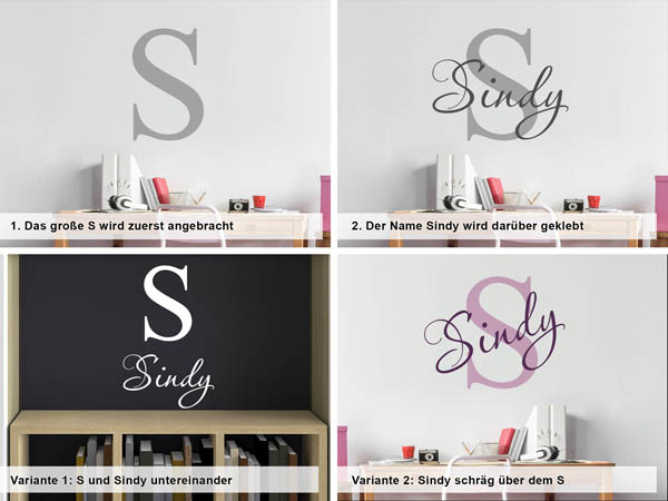Verschiedene Anordnungen des Wandtattoos Sindy