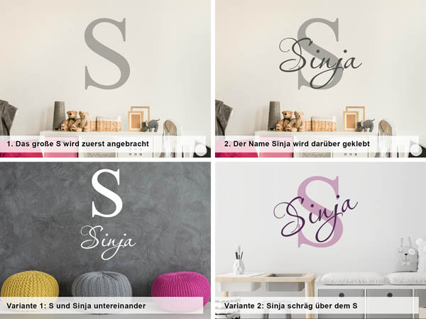 Verschiedene Anordnungen des Wandtattoos Sinja