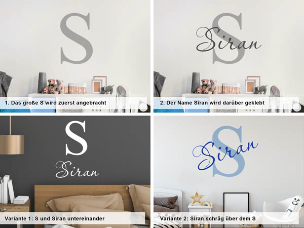 Verschiedene Anordnungen des Wandtattoos Siran