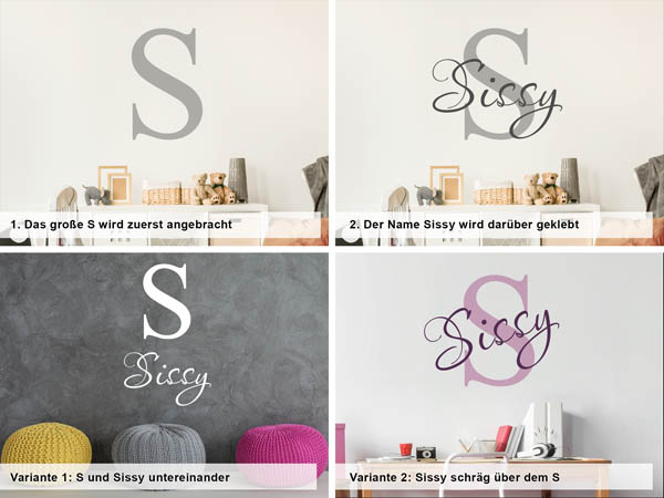 Verschiedene Anordnungen des Wandtattoos Sissy