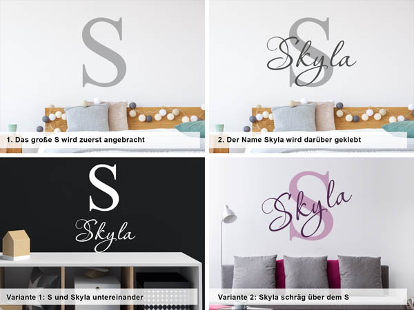 Verschiedene Anordnungen des Wandtattoos Skyla