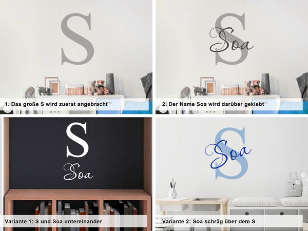 Verschiedene Anordnungen des Wandtattoos Soa