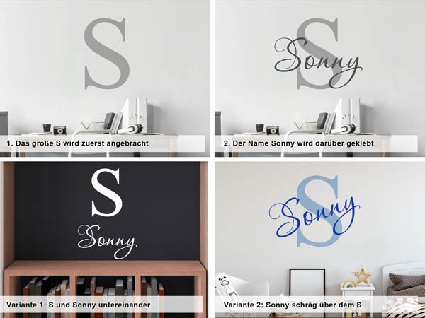 Verschiedene Anordnungen des Wandtattoos Sonny