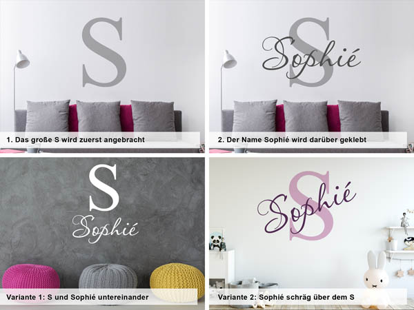 Verschiedene Anordnungen des Wandtattoos Sophié