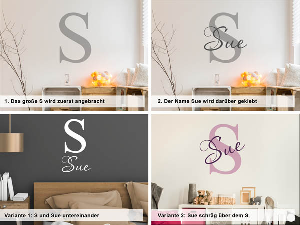 Verschiedene Anordnungen des Wandtattoos Sue