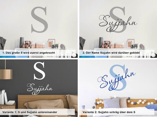 Verschiedene Anordnungen des Wandtattoos Sujjahn