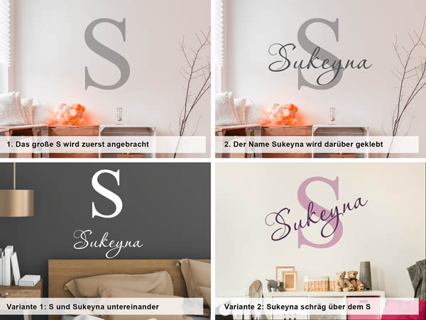 Verschiedene Anordnungen des Wandtattoos Sukeyna
