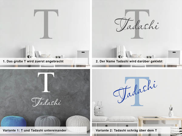 Verschiedene Anordnungen des Wandtattoos Tadashi