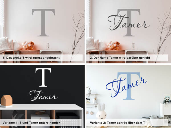Verschiedene Anordnungen des Wandtattoos Tamer